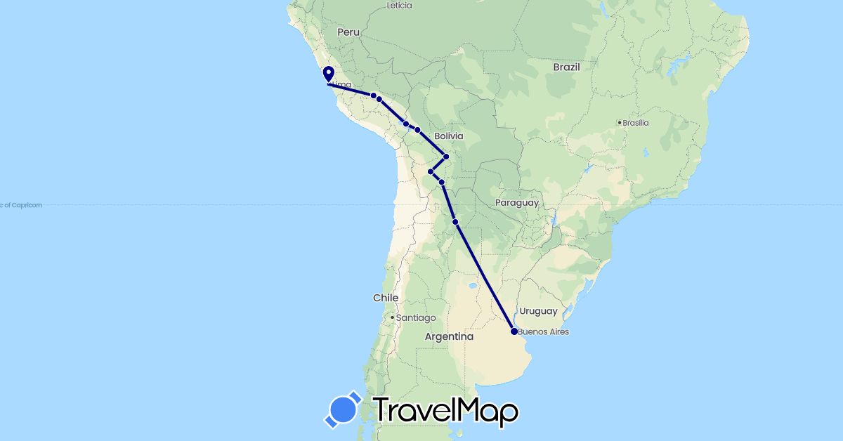 TravelMap itinerary: driving in Argentina, Bolivia, Peru (South America)